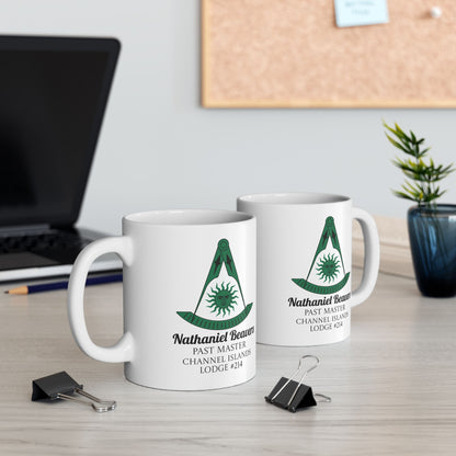 Personalized Past Master Mug - Compass & Quadrant (Green, Sun with Face, Spearhead)