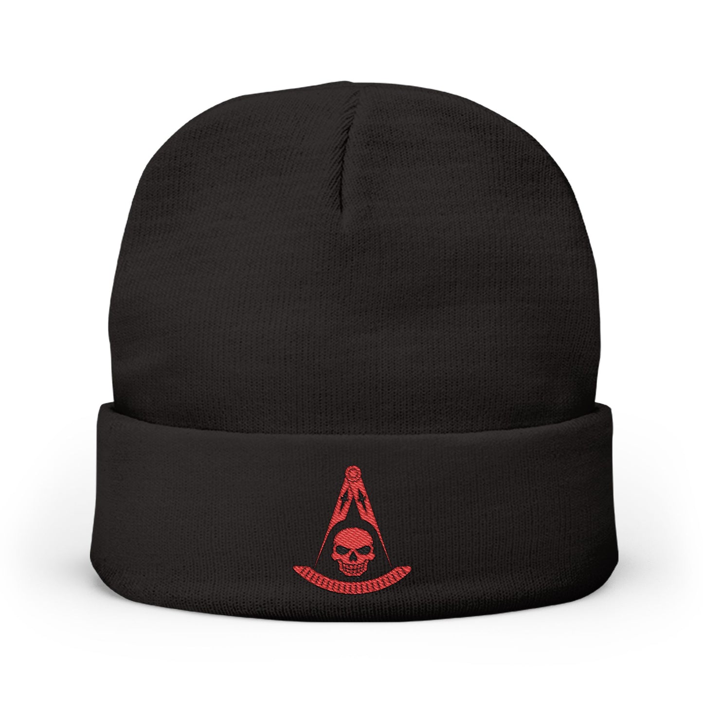 Past Master with Skull Embroidered Knit Beanie – Compass & Quadrant (Red)