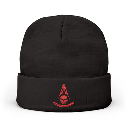 Past Master with Skull Embroidered Knit Beanie – Compass & Quadrant (Red)