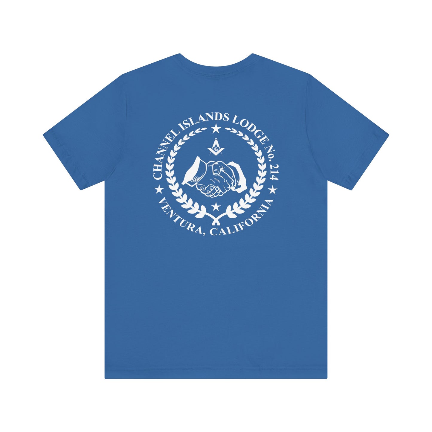 Entered Apprentice T-Shirt from Channel Islands Lodge 214 in blue and green, featuring lodge logo and detailed design.
