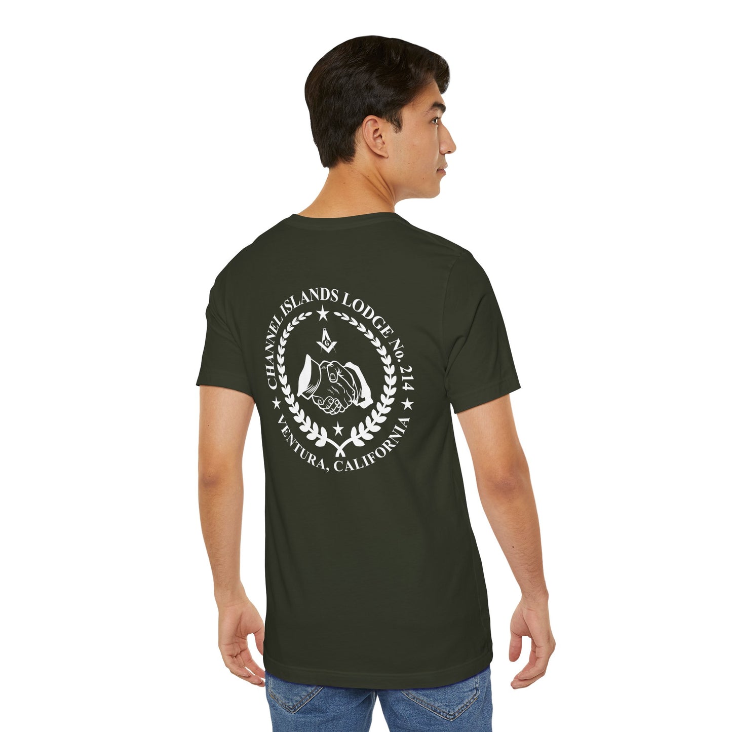 Fellowcraft T-Shirt in dark colors featuring Channel Islands Lodge 214 logo, casual fit, printed by Printify.