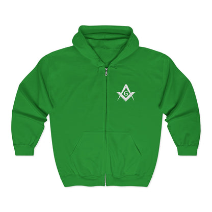 Embroidered Full Zip Hooded Sweatshirt - Square & Compass (White)