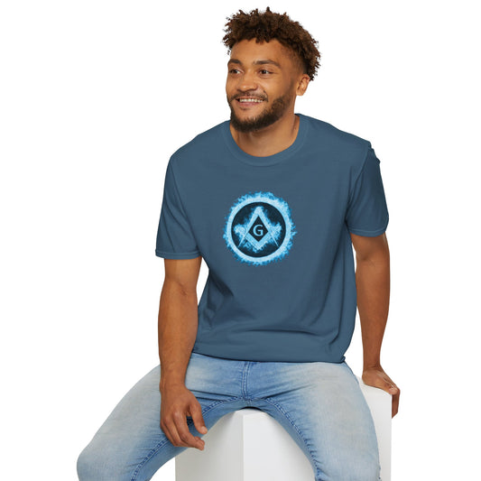 Square and Compass Encircled in Blue Flames Softstyle T-Shirt