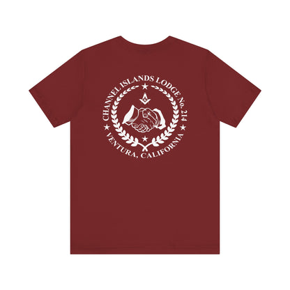 Channel Islands Lodge dark-colored short sleeve T-shirt by Printify featuring a casual, comfortable fit and classic crew neck design.