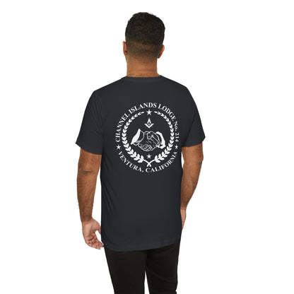 Dark-colored Entered Apprentice T-Shirt from Channel Islands Lodge 214 by Printify, featuring lodge emblem and design on front.