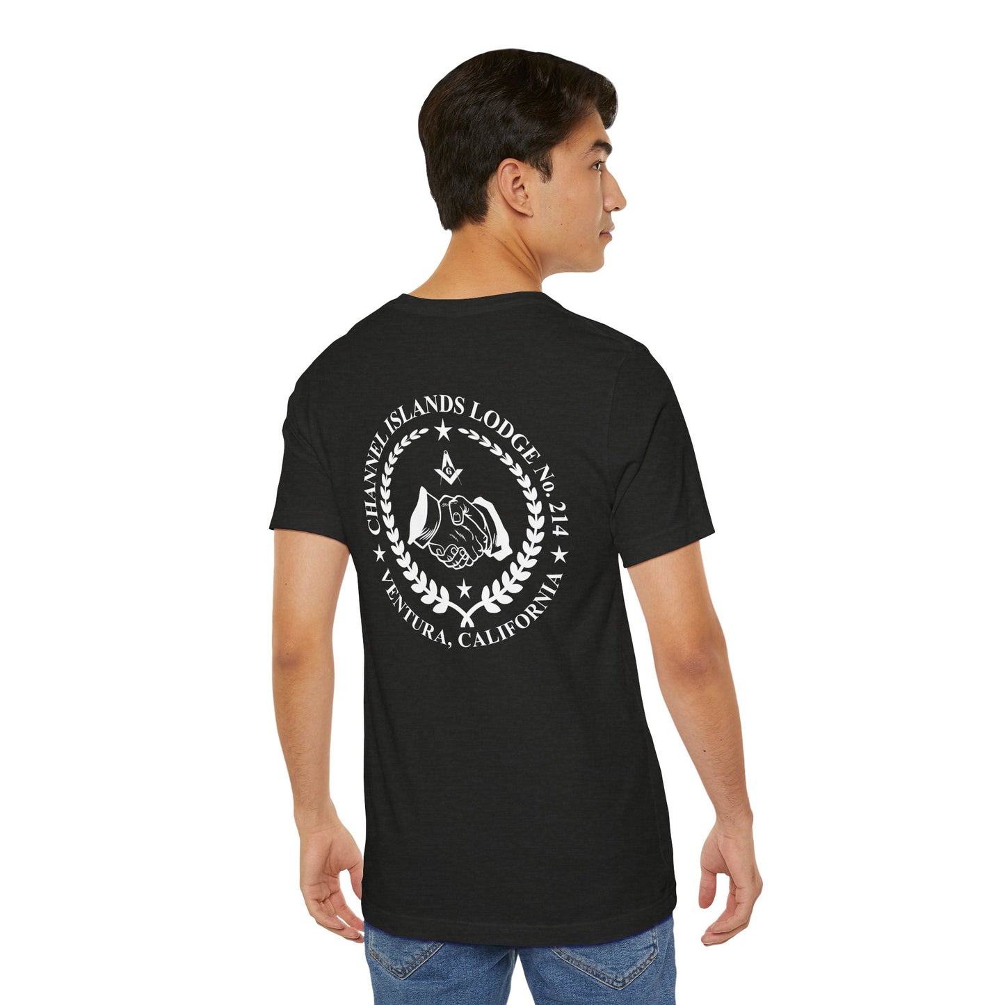 Fellowcraft T-Shirt from Channel Islands Lodge 214 in dark colors, featuring lodge emblem, made by Printify.