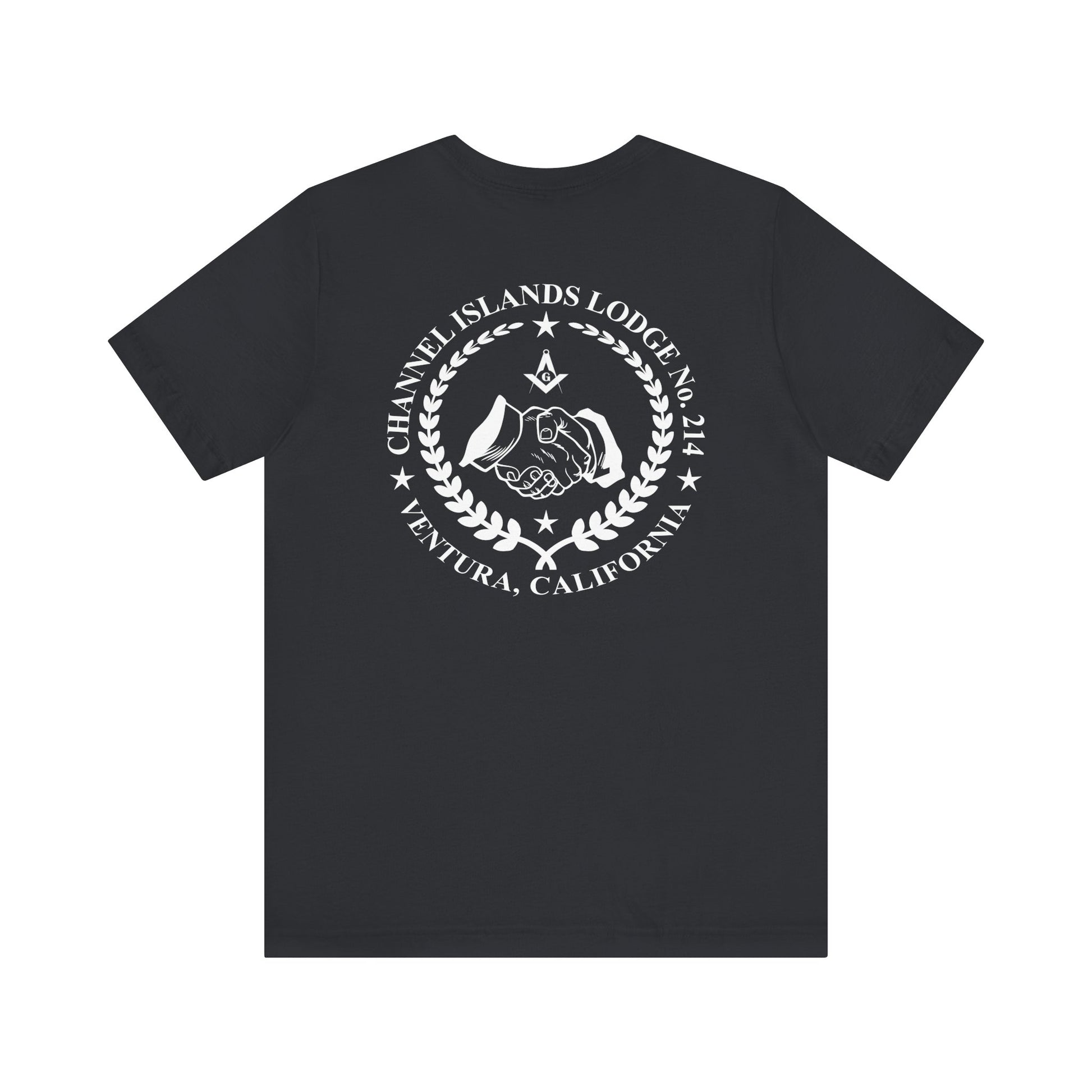 Dark-colored Entered Apprentice T-Shirt from Channel Islands Lodge 214 featuring lodge logo and branding, made by Printify.