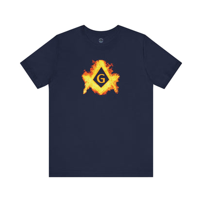 Flaming Square and Compass Short Sleeve T-Shirt - Orange Flames