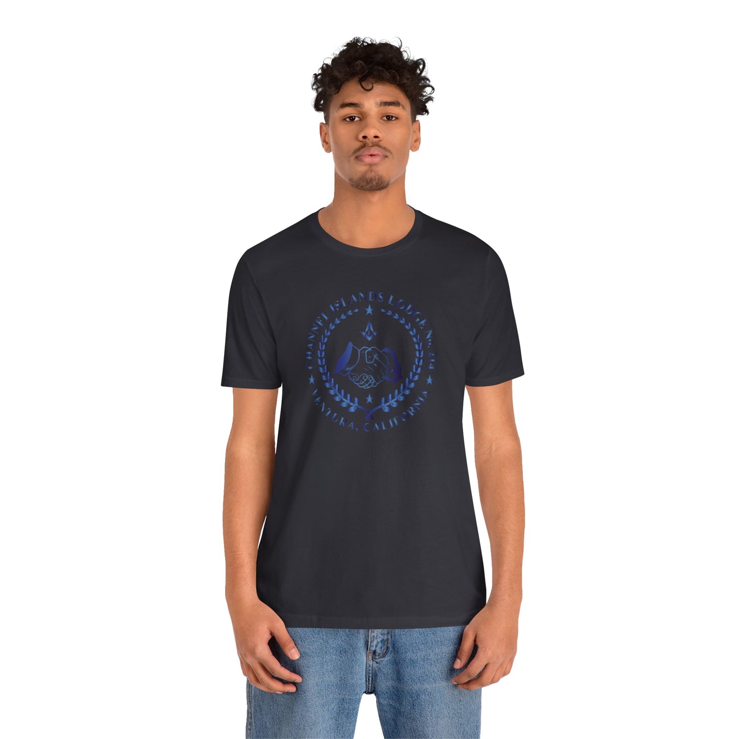 Channel Islands Lodge sapphire gradient short sleeve T-shirt by Printify featuring a vibrant, colorful design on soft fabric.
