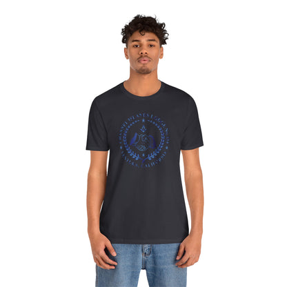 Channel Islands Lodge sapphire gradient short sleeve T-shirt by Printify featuring a vibrant, colorful design on soft fabric.
