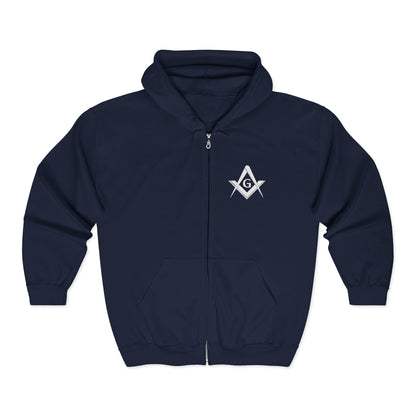 Embroidered Full Zip Hooded Sweatshirt - Square & Compass (White)
