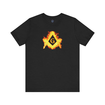Flaming Square and Compass Short Sleeve T-Shirt - Orange Flames