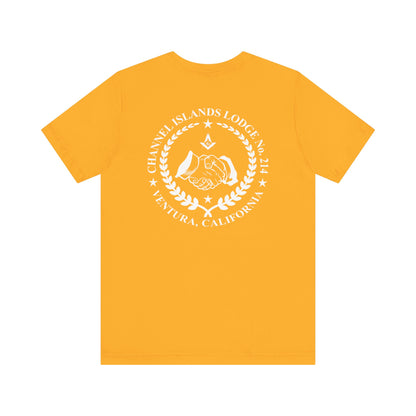 Brightly colored Entered Apprentice T-Shirt from Channel Islands Lodge 214, featuring vibrant Masonic symbols and logo.
