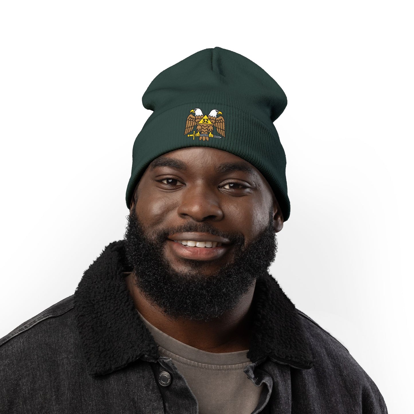 Scottish Rite embroidered knit beanie hat with detailed logo, warm and stylish accessory by Printify for cold weather.
