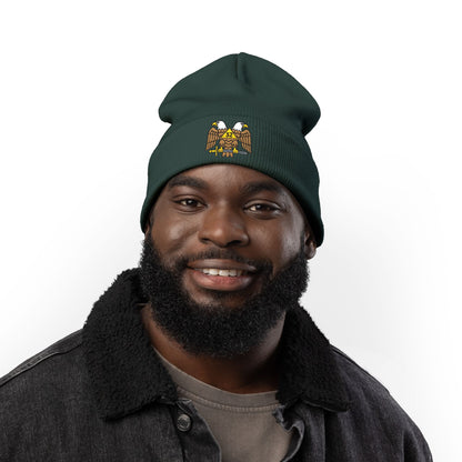 Scottish Rite embroidered knit beanie hat with detailed logo, warm and stylish accessory by Printify for cold weather.