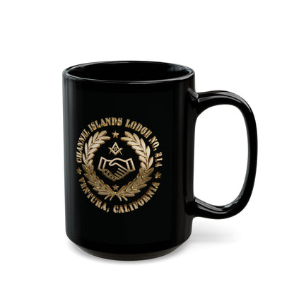 Black coffee mug with 3D gold 2-sided Channel Islands Lodge emblem, available in 11oz and 15oz sizes.