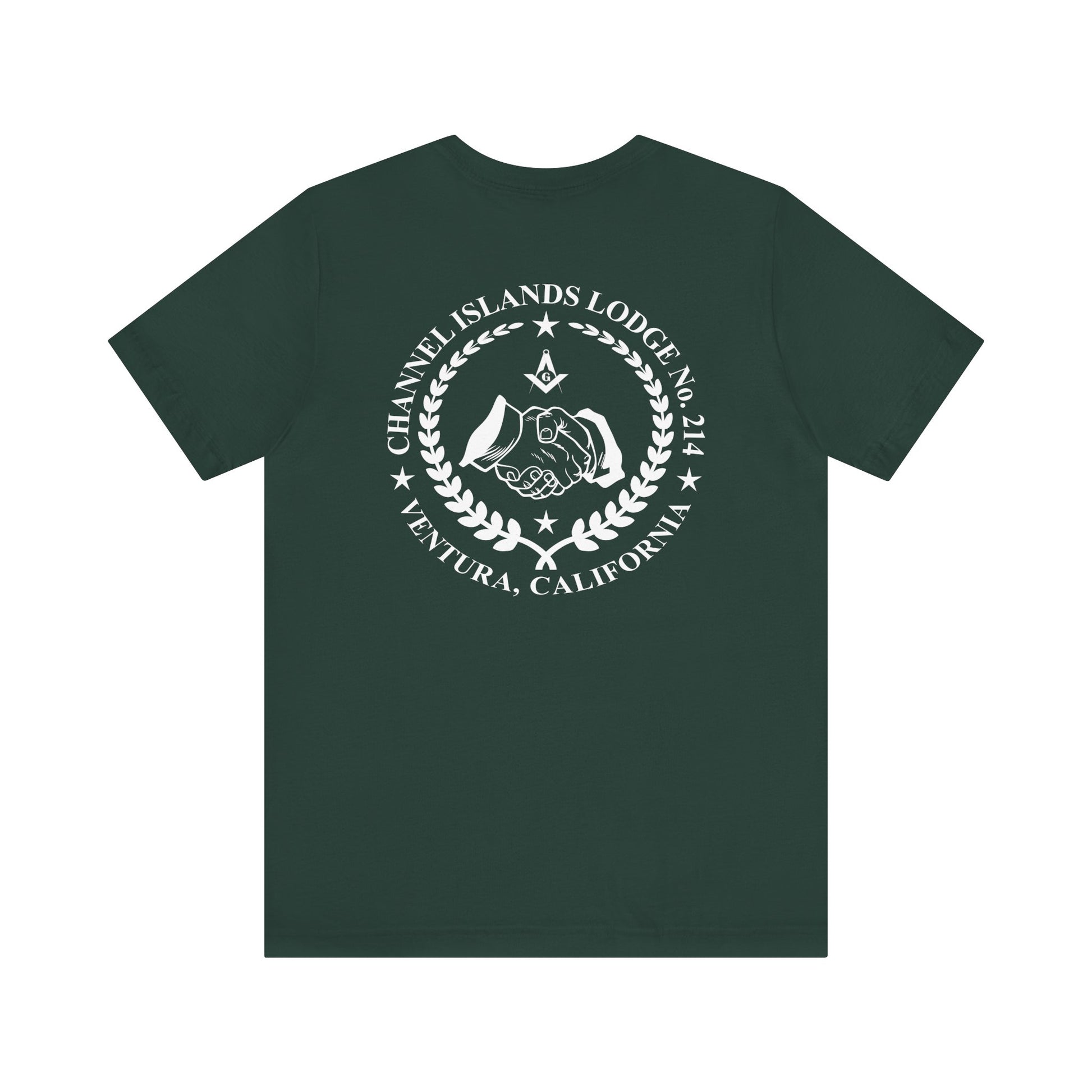 Blue and green Entered Apprentice T-Shirt from Channel Islands Lodge 214, featuring lodge emblem and intricate design.