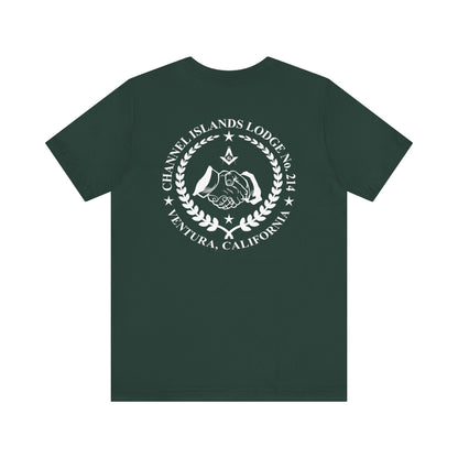 Blue and green Entered Apprentice T-Shirt from Channel Islands Lodge 214, featuring lodge emblem and intricate design.