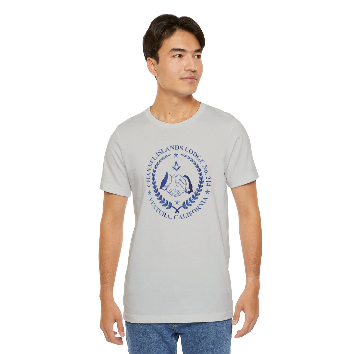 Channel Islands Lodge 214 short sleeve T-shirt in sapphire gradient with printed logo, casual cotton tee by Printify.