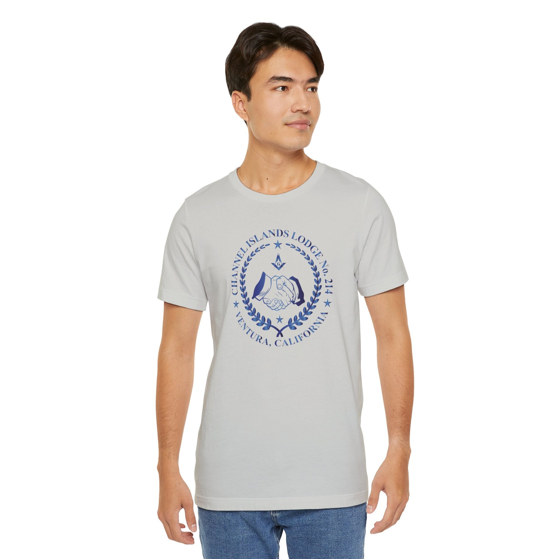 Channel Islands Lodge 214 short sleeve T-shirt in sapphire gradient with printed logo, casual cotton tee by Printify.
