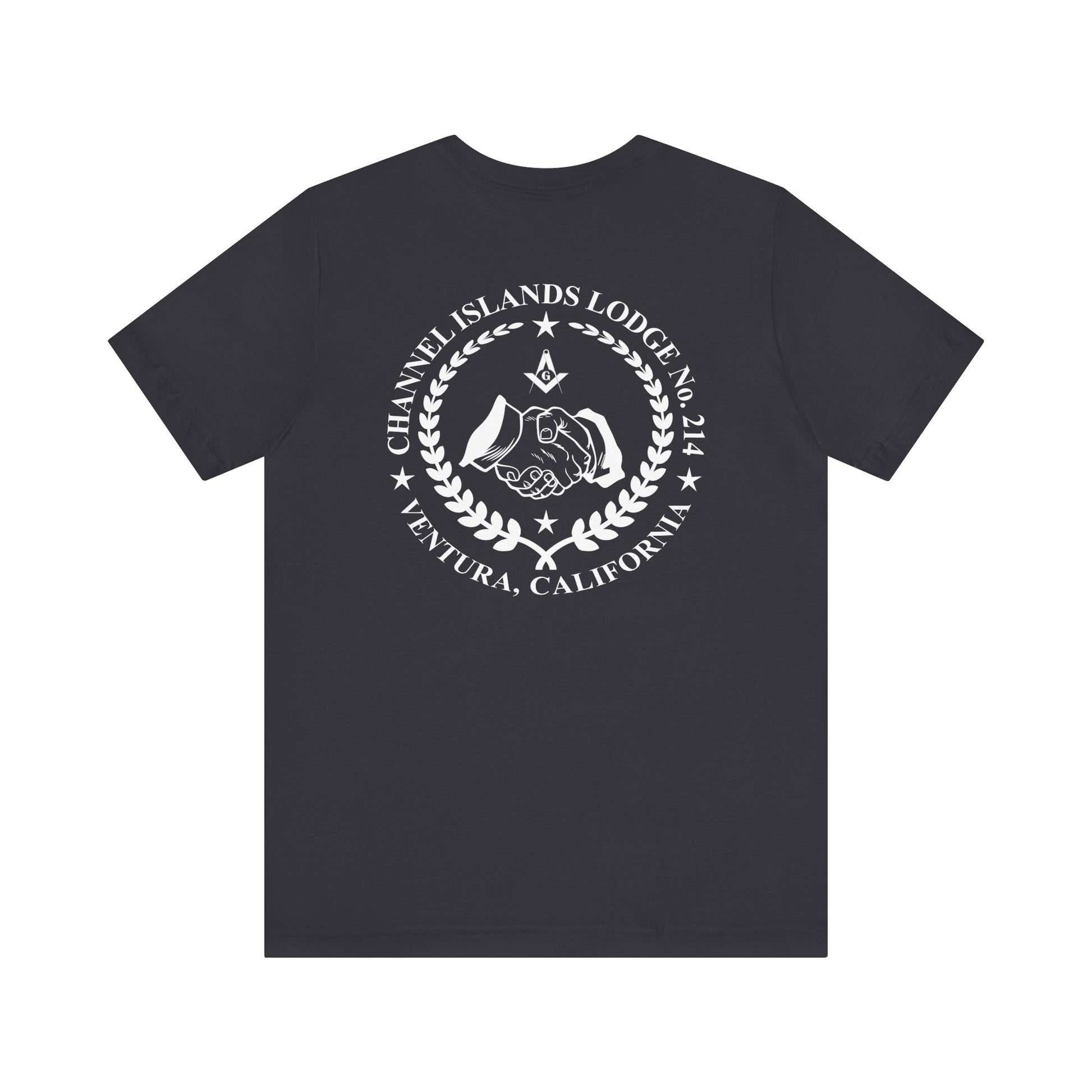 Fellowcraft T-Shirt from Channel Islands Lodge 214 in dark colors, featuring lodge logo and comfortable fabric, by Printify.