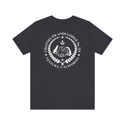 Fellowcraft T-Shirt from Channel Islands Lodge 214 in dark colors, featuring lodge logo and comfortable fabric, by Printify.