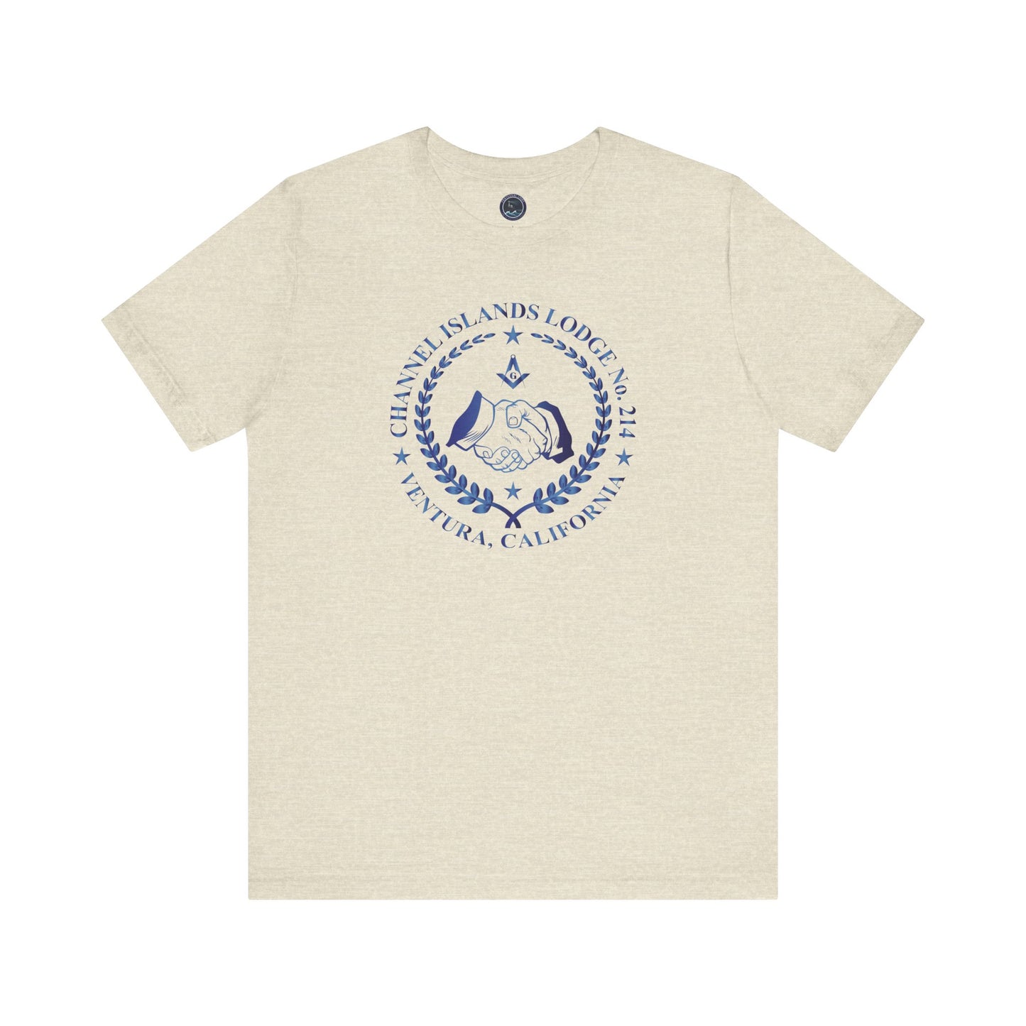 Channel Islands Lodge 214 short sleeve T-shirt in sapphire gradient with printed graphic, casual clothing by Printify.