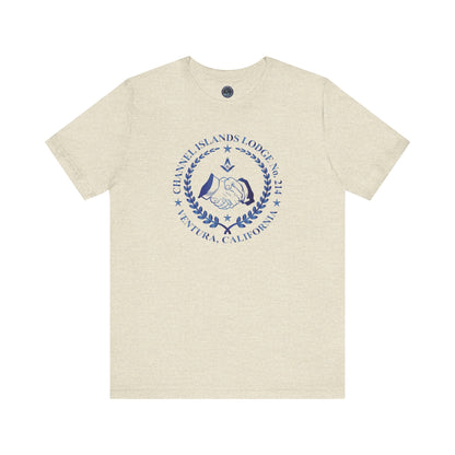 Channel Islands Lodge 214 short sleeve T-shirt in sapphire gradient with printed graphic, casual clothing by Printify.