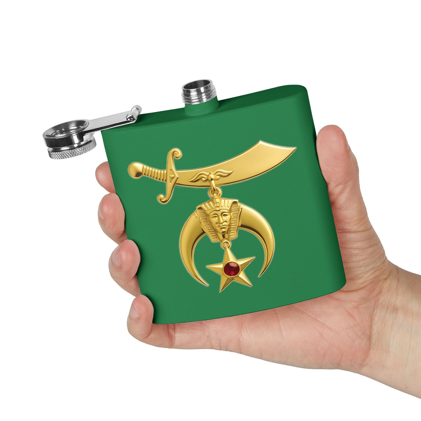 Shriner Stainless Steel Flask - Jeweled Gold Emblem