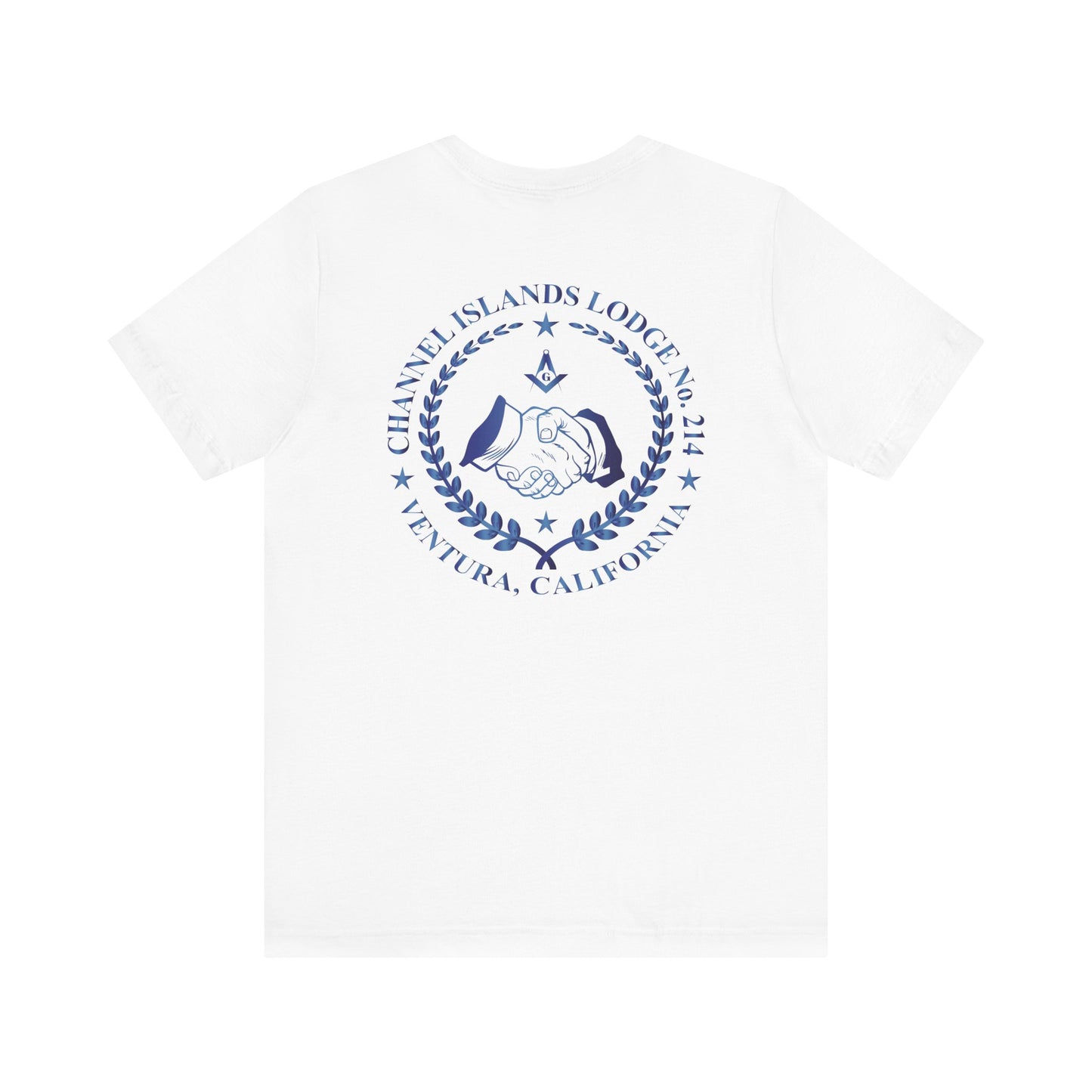 Sapphire Channel Islands Lodge 214 Entered Apprentice short sleeve T-shirt by Printify, featuring lodge logo on front.