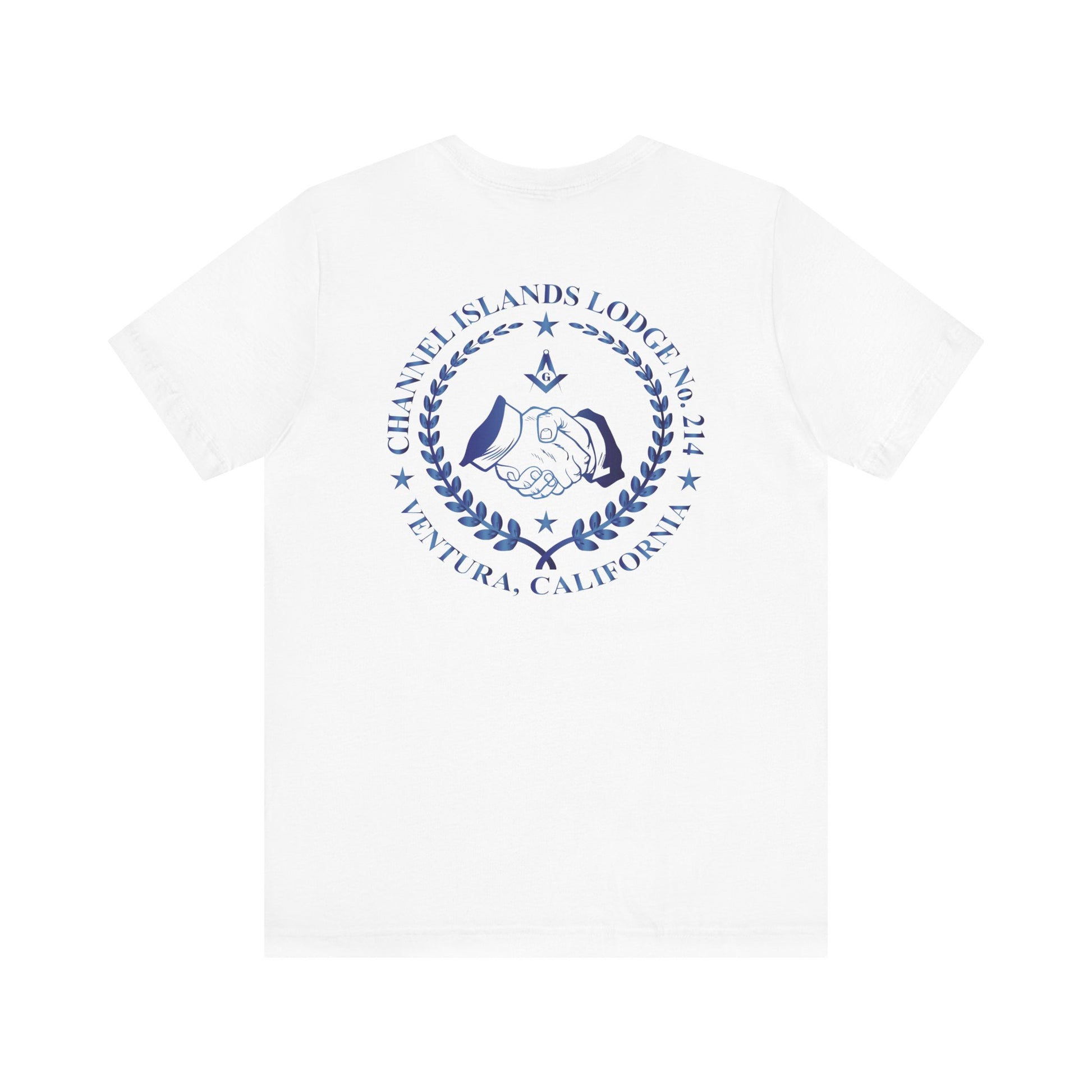Sapphire Channel Islands Lodge 214 Entered Apprentice short sleeve T-shirt by Printify, featuring lodge logo on front.