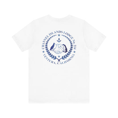 Sapphire Channel Islands Lodge 214 Entered Apprentice short sleeve T-shirt by Printify, featuring lodge logo on front.