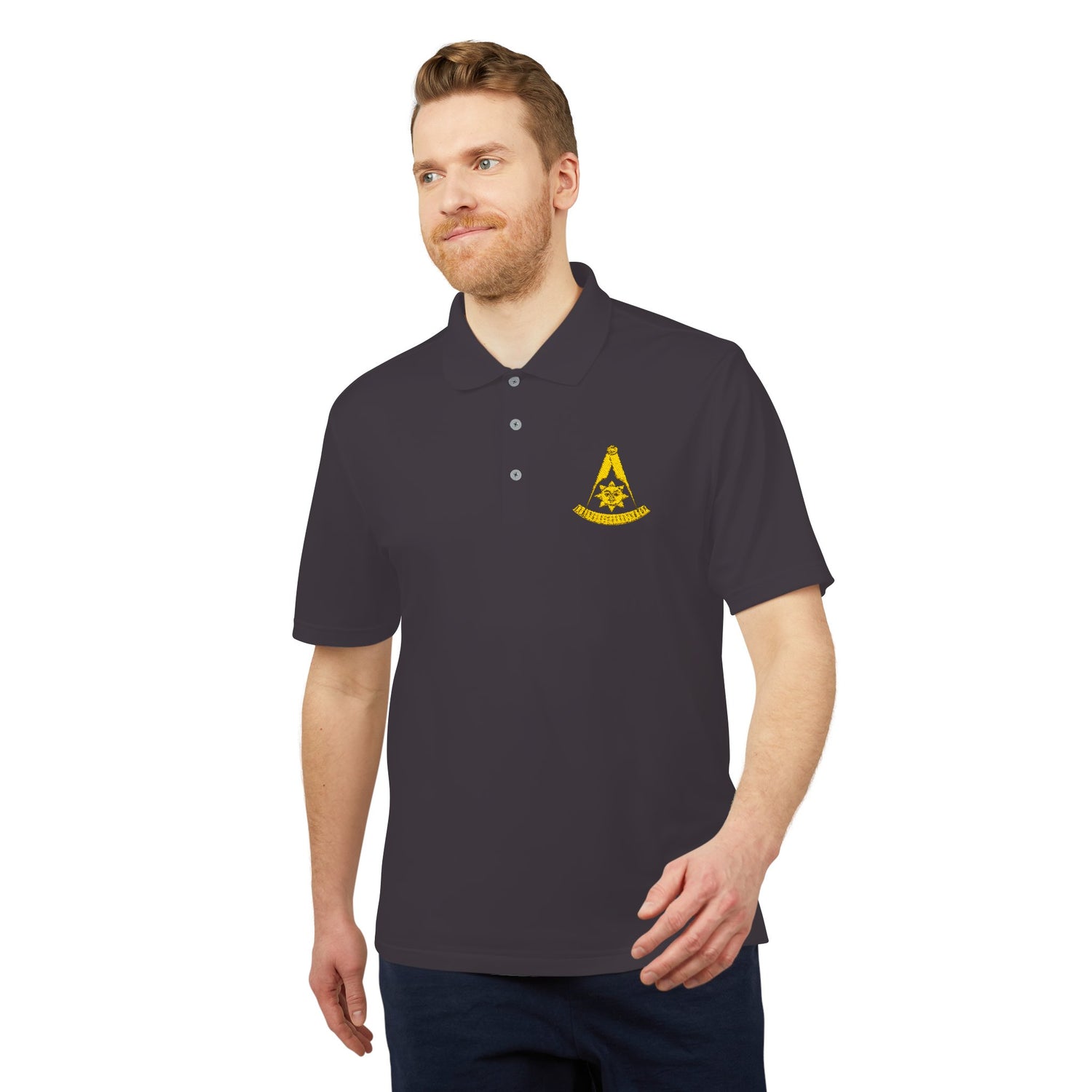 Printify CA Past Master adidas Performance Polo T-shirt showing the front design with logo and vibrant fabric in natural lighting.