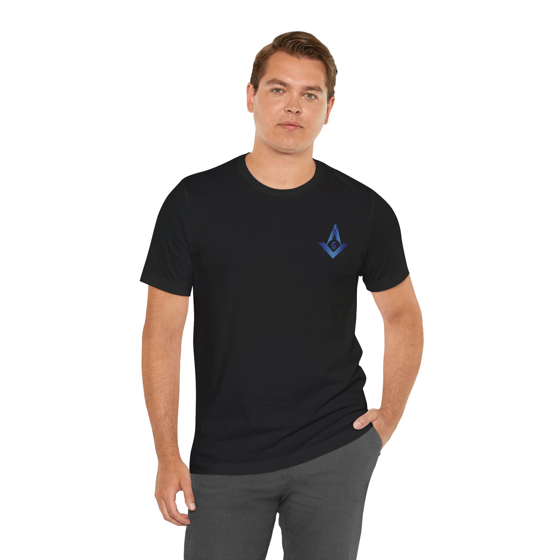 Channel Islands Lodge 214 Entered Apprentice short sleeve T-shirt in sapphire, featuring a printed lodge design on the front.