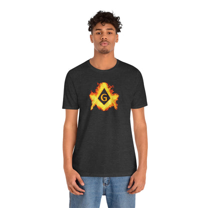 Flaming Square and Compass Short Sleeve T-Shirt - Orange Flames