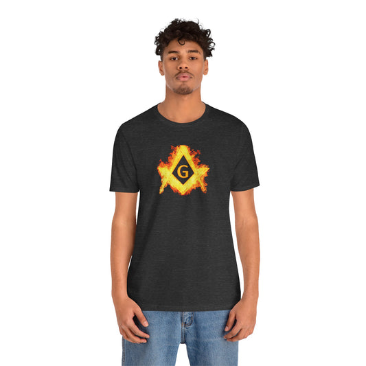 Flaming Square and Compass Short Sleeve T-Shirt - Orange Flames