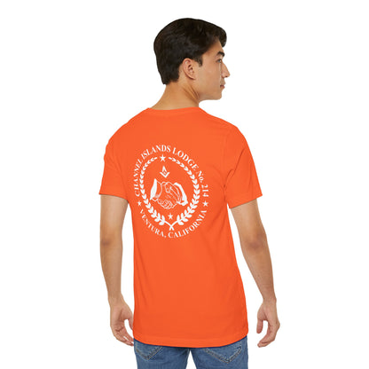 Brightly colored Fellowcraft T-Shirt featuring Channel Islands Lodge 214 logo in vibrant print, casual apparel by Printify.