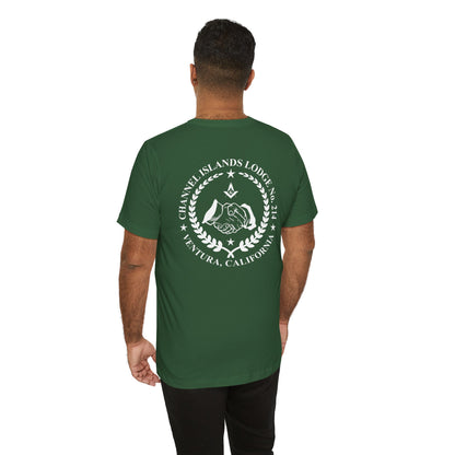 Channel Islands Lodge 214 short sleeve T-shirt by Printify featuring blue and green color design and casual fit.