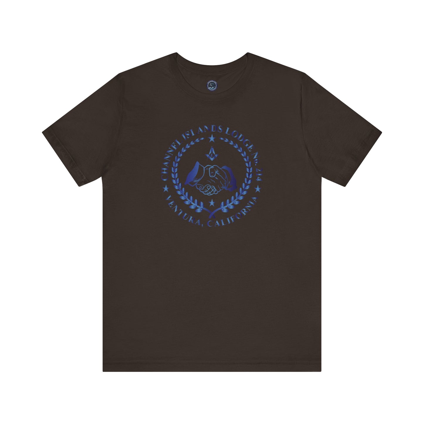 Channel Islands Lodge sapphire gradient short sleeve T-shirt by Printify, featuring a stylish design on soft fabric.
