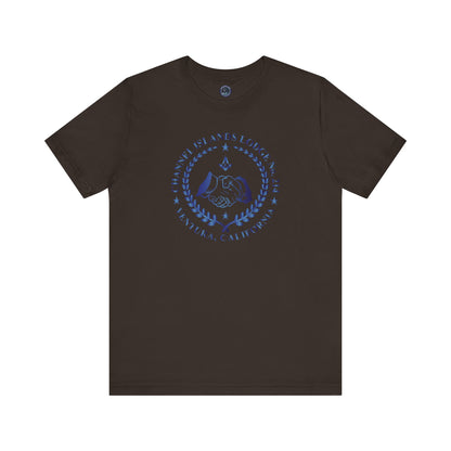 Channel Islands Lodge sapphire gradient short sleeve T-shirt by Printify, featuring a stylish design on soft fabric.