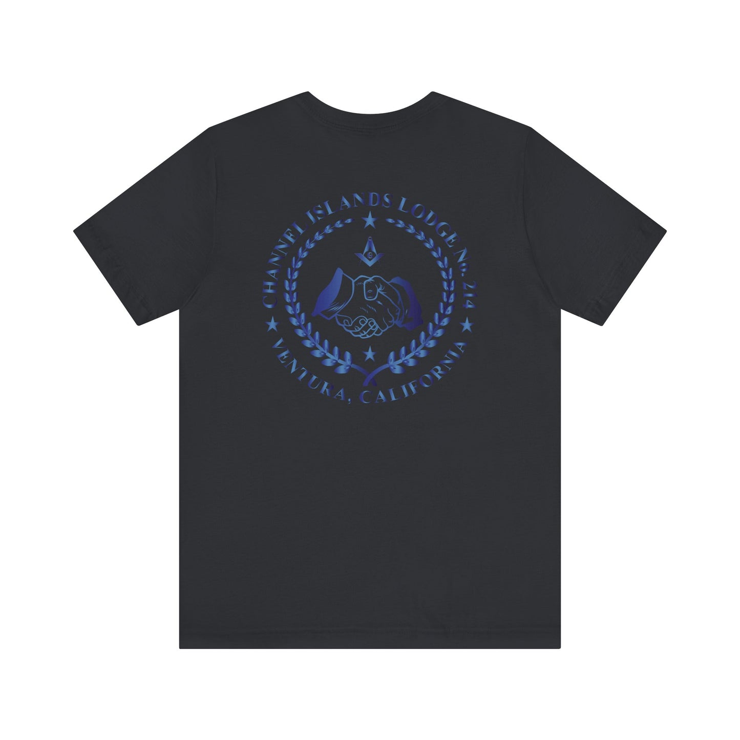 Channel Islands Lodge 214 sapphire short sleeve T-shirt by Printify, featuring a comfortable fit and Lodge logo design.