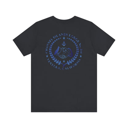 Channel Islands Lodge 214 sapphire short sleeve T-shirt by Printify, featuring a comfortable fit and Lodge logo design.