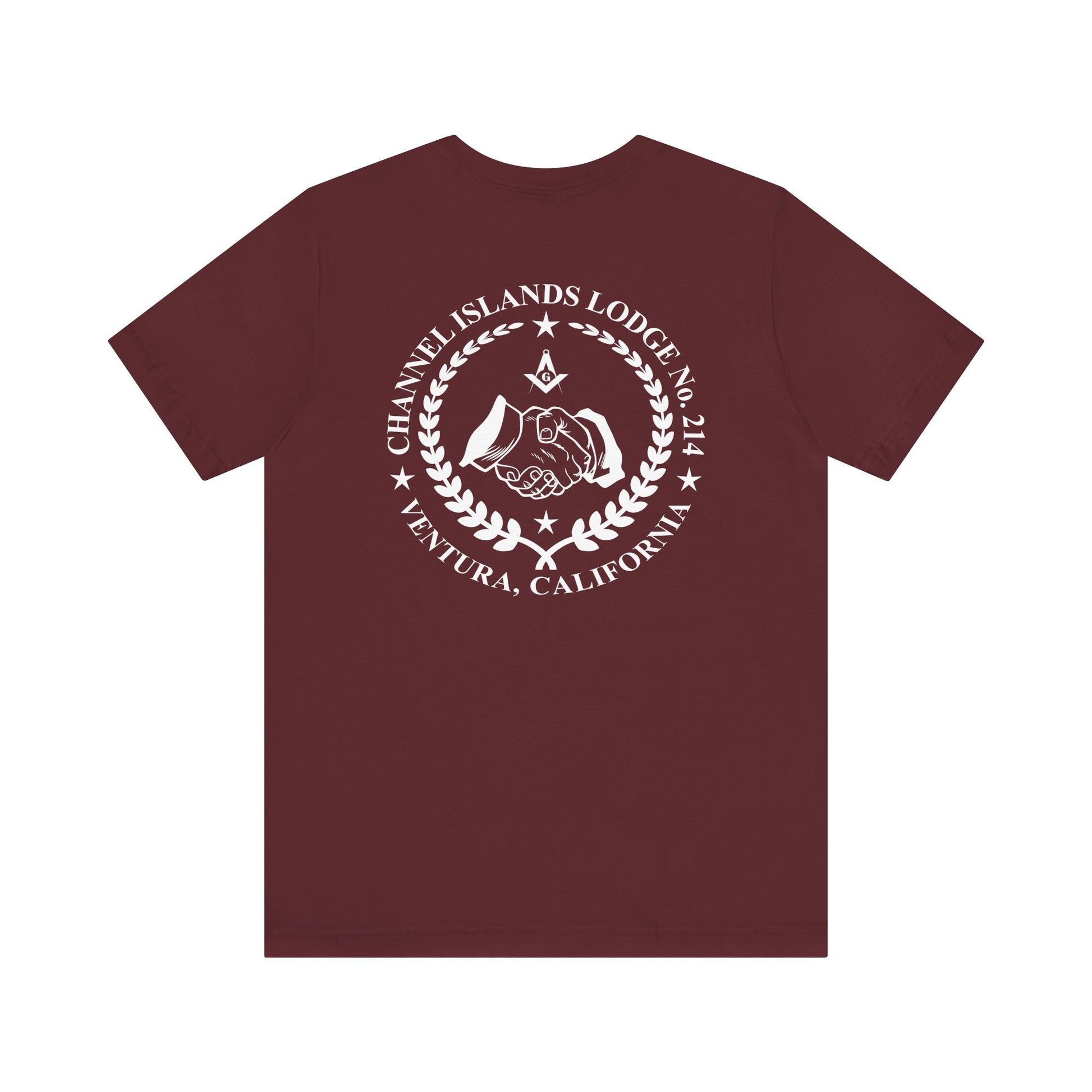 Dark-colored Entered Apprentice T-Shirt from Channel Islands Lodge 214 with lodge logo and text, by Printify.