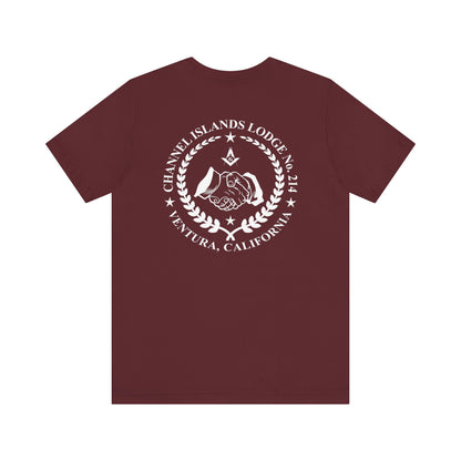 Dark-colored Entered Apprentice T-Shirt from Channel Islands Lodge 214 with lodge logo and text, by Printify.