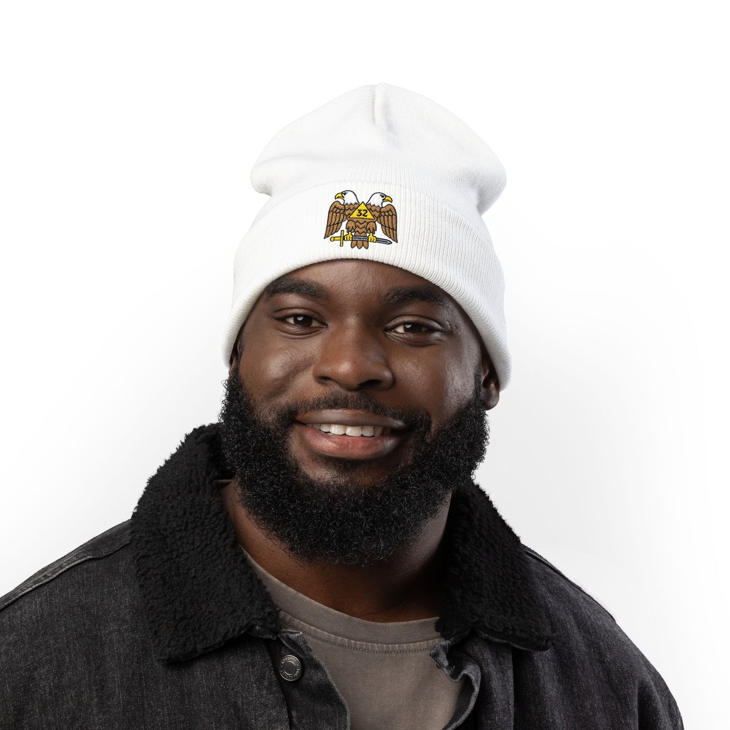 Scottish Rite embroidered knit beanie hat by Printify, featuring detailed Scottish Rite emblem in warm, cozy knit fabric.