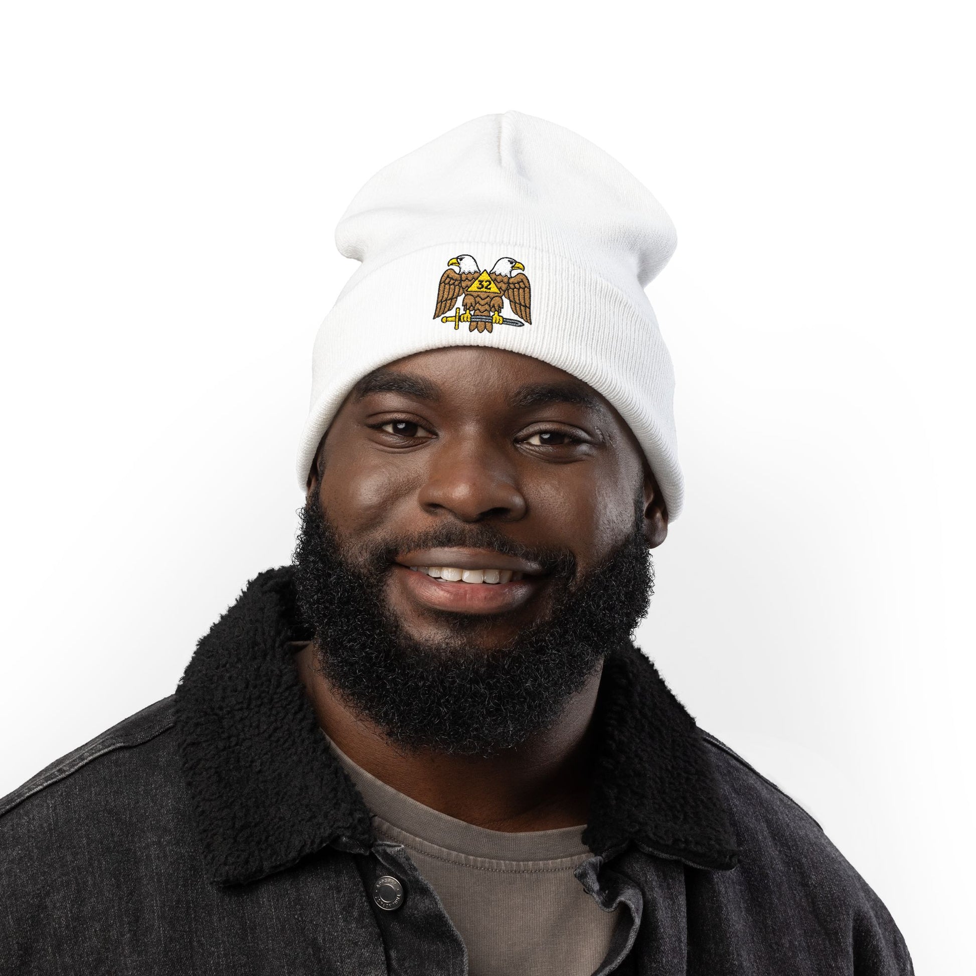 Scottish Rite embroidered knit beanie hat by Printify, featuring detailed Scottish Rite emblem in warm, cozy knit fabric.