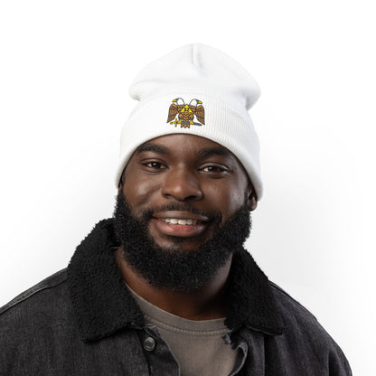 Scottish Rite embroidered knit beanie hat by Printify, featuring detailed Scottish Rite emblem in warm, cozy knit fabric.