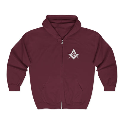 Embroidered Full Zip Hooded Sweatshirt - Square & Compass (White)
