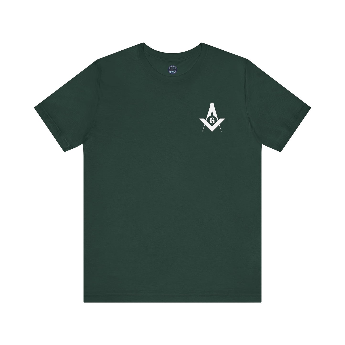 Blue and green Entered Apprentice T-Shirt featuring Channel Islands Lodge 214 logo, made by Printify.