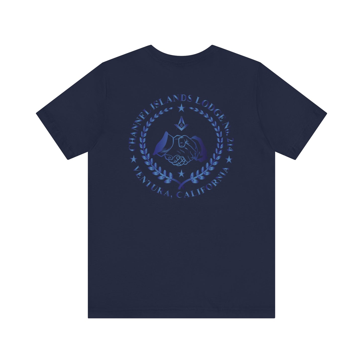 Sapphire Channel Islands Lodge 214 Entered Apprentice short sleeve T-shirt by Printify, featuring lodge logo design on front.